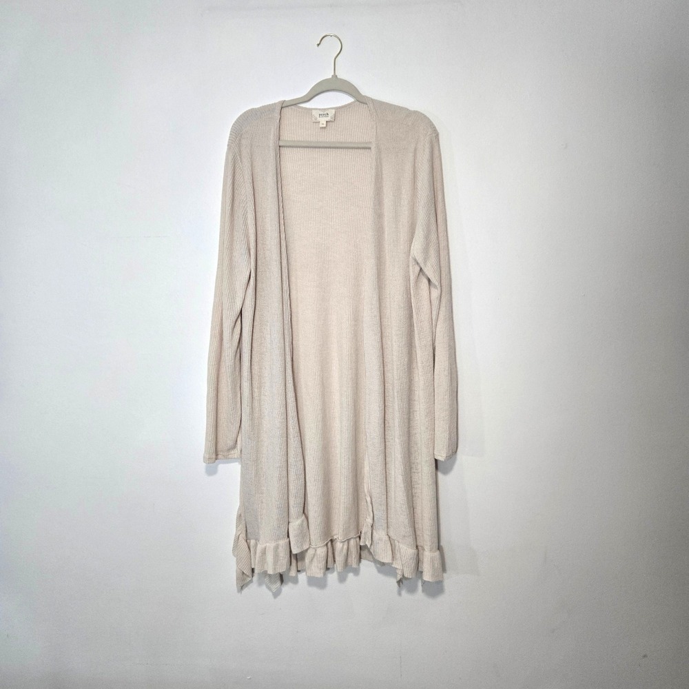 Perch by Blu Pepper Cardigan Womens 1XL Cream Ribbed Ruffle Open Longline
